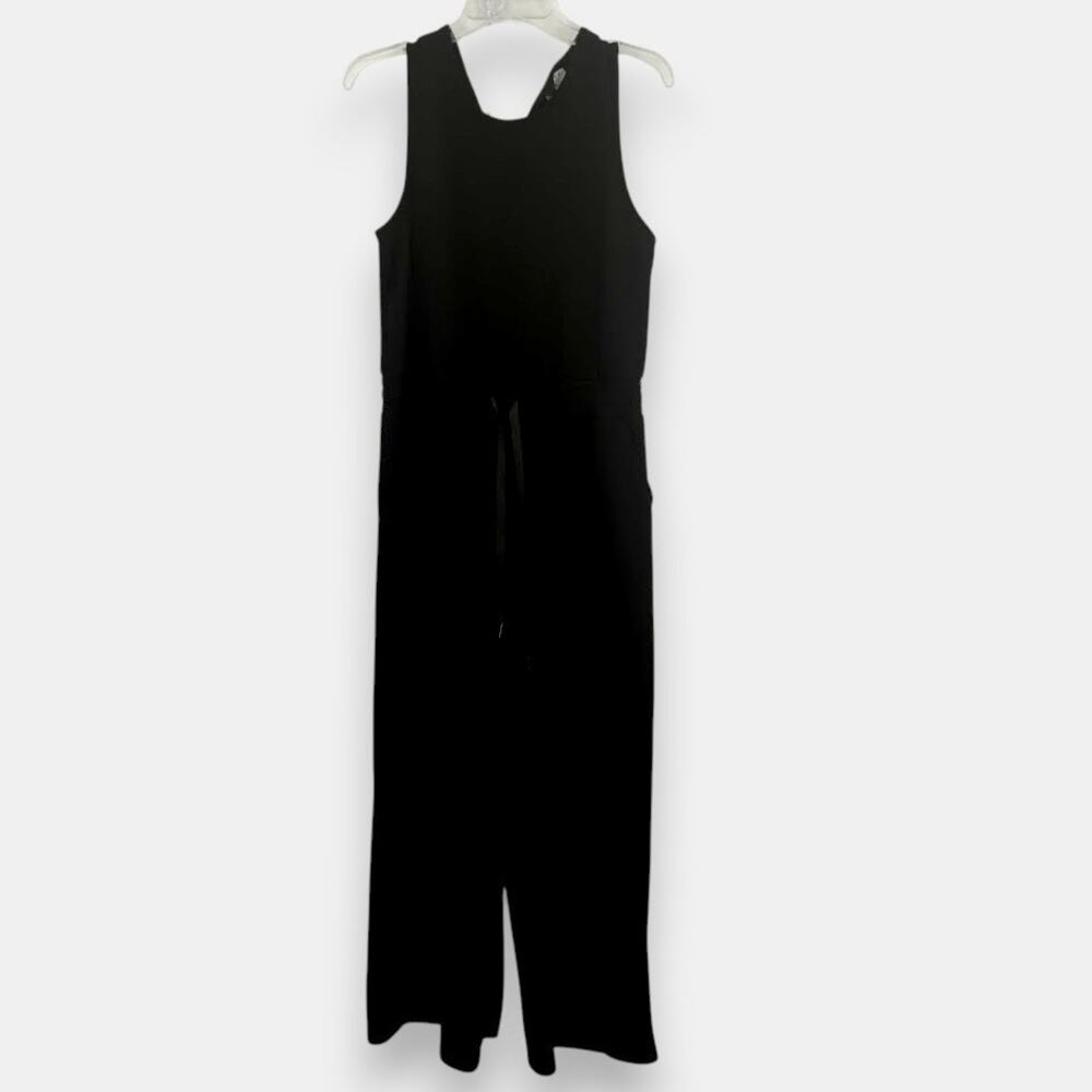 SIRRA Black Sleeveless Jumpsuit Women L Wide Leg Elastic Waist Stretch Minimalis